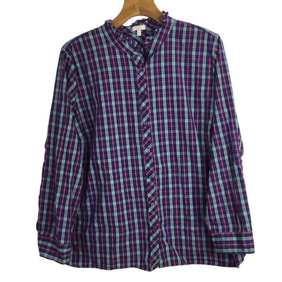 Talbots Womens Cotton Plaid Ruffle Collar Button Up Shirt Multi Plus Size 3X - Picture 1 of 12